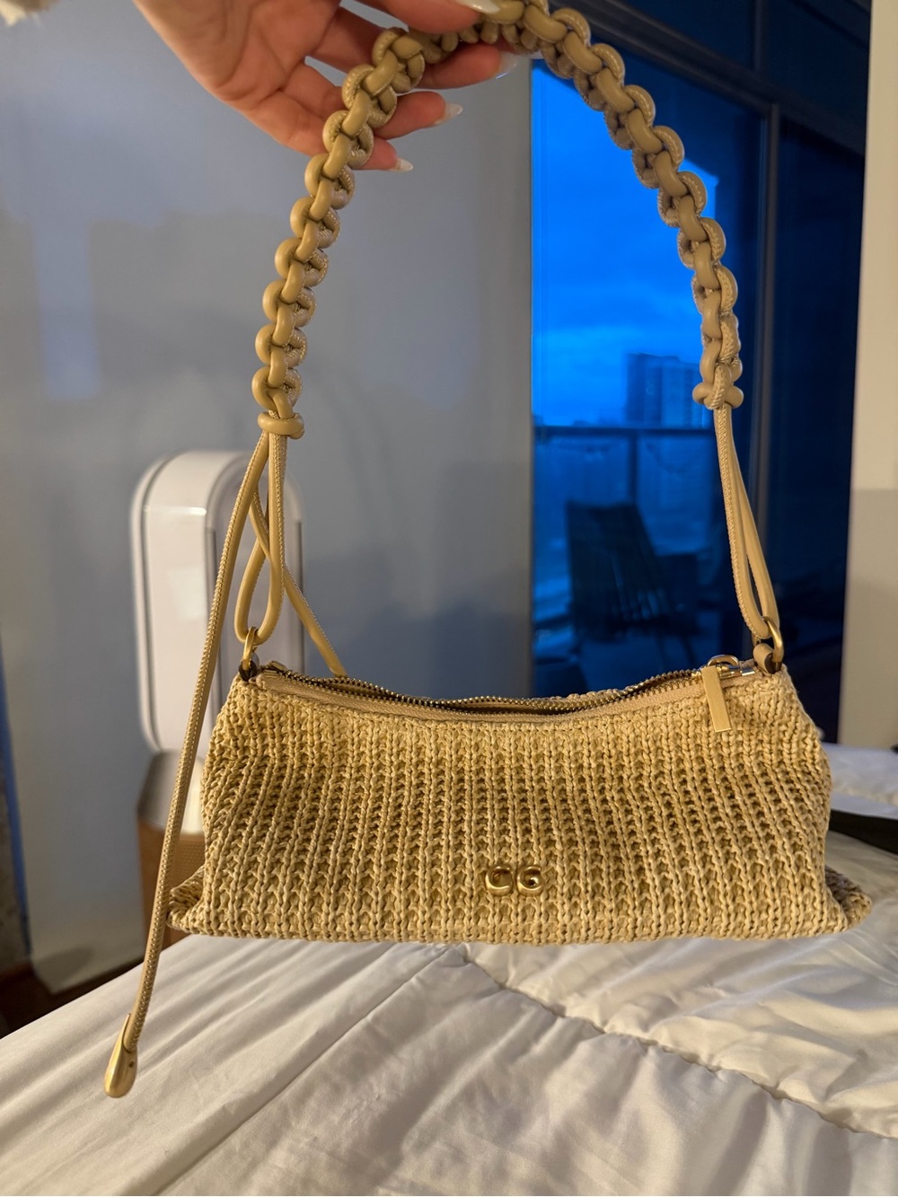 cult gaia-osa tan woven shoulder bag with braided strap